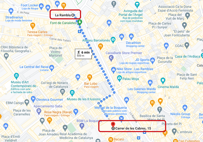 Mapa de Las Ramblas até o Mercado La Boquería em Barcelona
