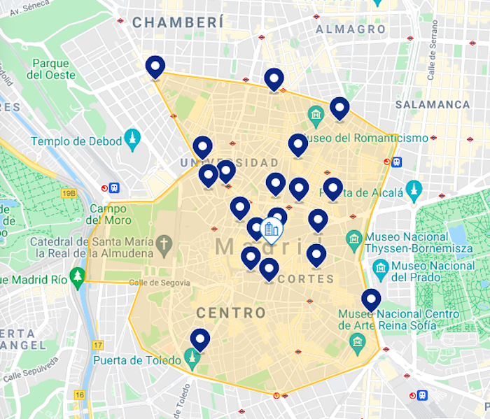 Mapa região hotéis Madri - centro