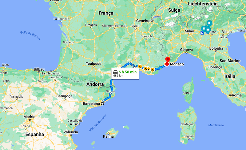 Mapa da distância entre Barcelona e Mônaco