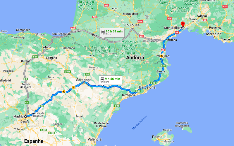 De Madri a Montpellier: 9h 46 min de carro