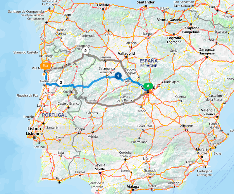 Viagem de carro de Madri ao Porto