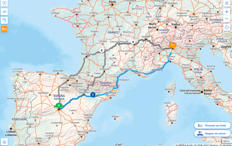 Mapa da viagem de carro de Madri até Milão