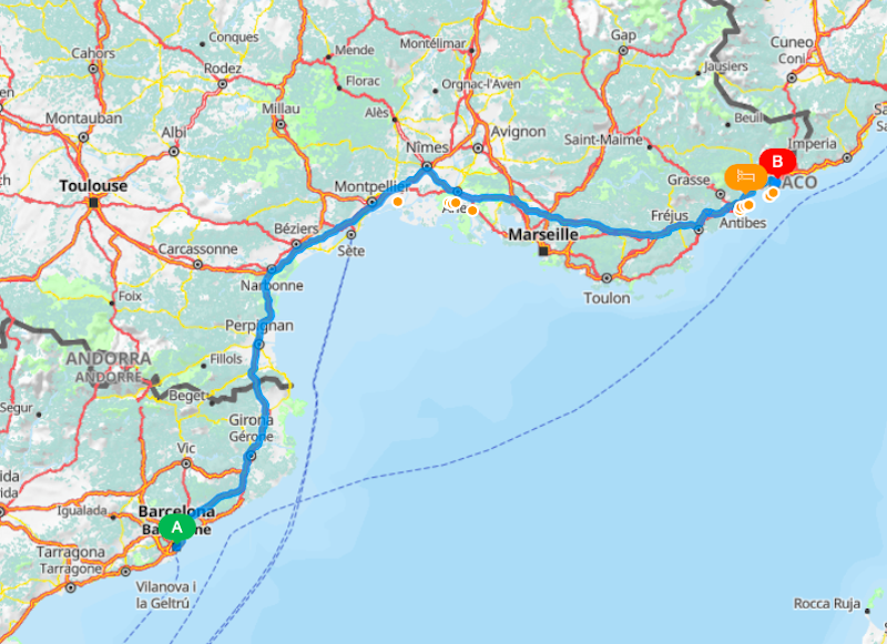 Mapa da viagem de carro de Barcelona a Mônaco