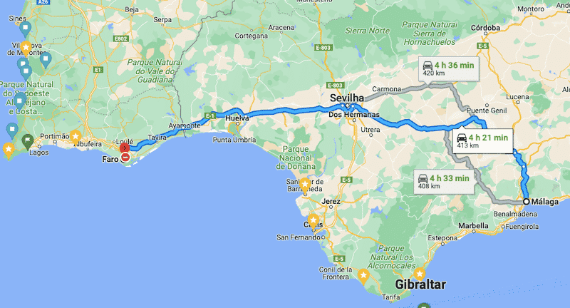 Viagem de carro de Málaga até o Algarve