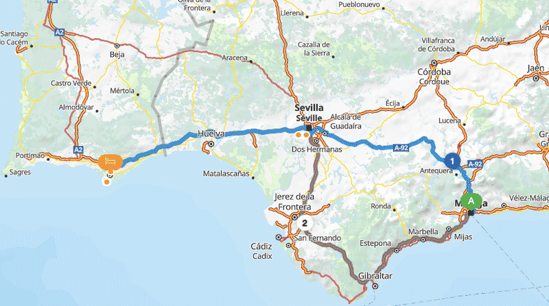 De Málaga a Faro: 413 km (4h)